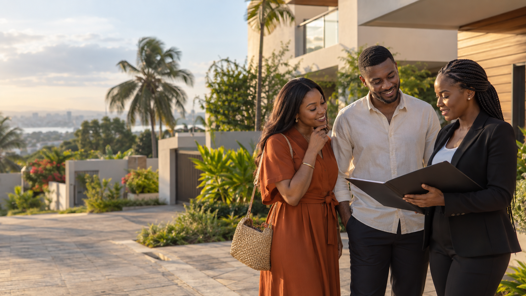 Un couple échange avec une conseillère immobilière devant une villa contemporaine